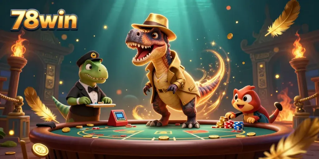 Experience the excitement of 78win at a blackjack table featuring unique characters in a vibrant casino scene.