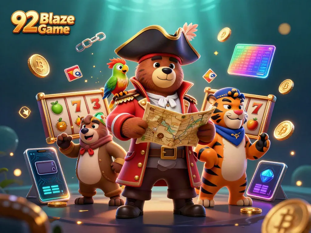 Engage with the 92 Blaze Game's thrilling atmosphere featuring a pirate bear, tiger first mate, and treasure elements amidst a vibrant casino backdrop.