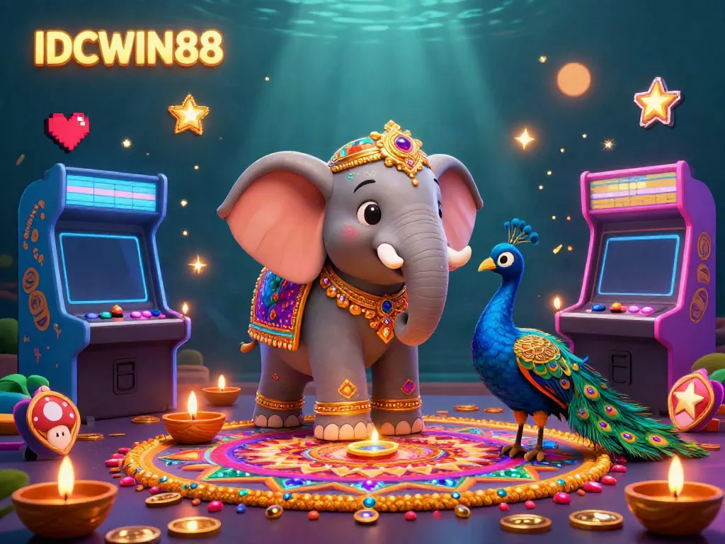 Experience the thrill of gaming with IDCWIN88's vibrant 3D casino scene, featuring a festive elephant and peacock.