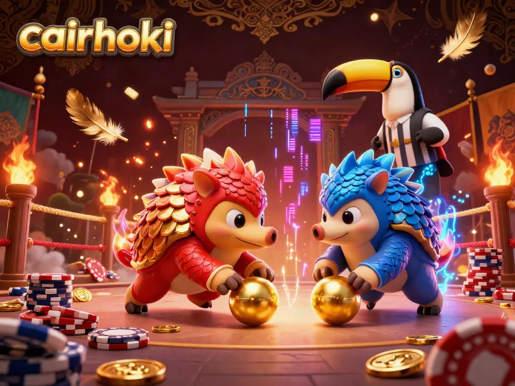 Gambaran perjudian cairhoki dengan pangolin berkelahi, koin emas dan chip poker.