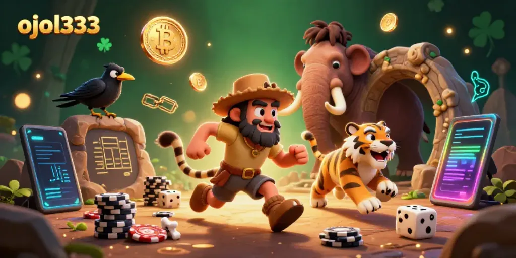 Engage with ojol333's thrilling casino experience featuring a caveman and his sabertooth sidekick in vibrant 3D.