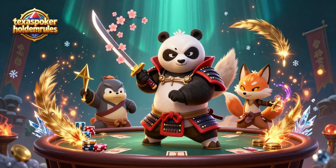 Join the thrilling action in texaspokerholdemrules with samurai panda and ninja fox at a vibrant poker table.