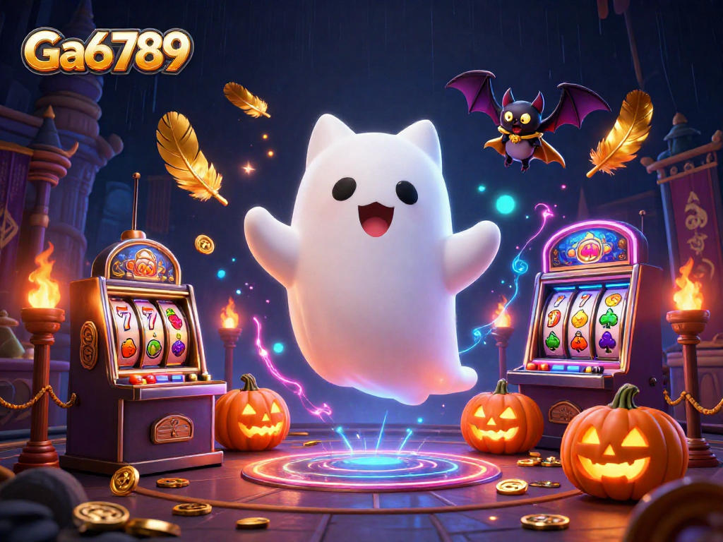 Engage players at Ga6789 with a dynamic haunted casino scene featuring ghost cat and vampire bat.