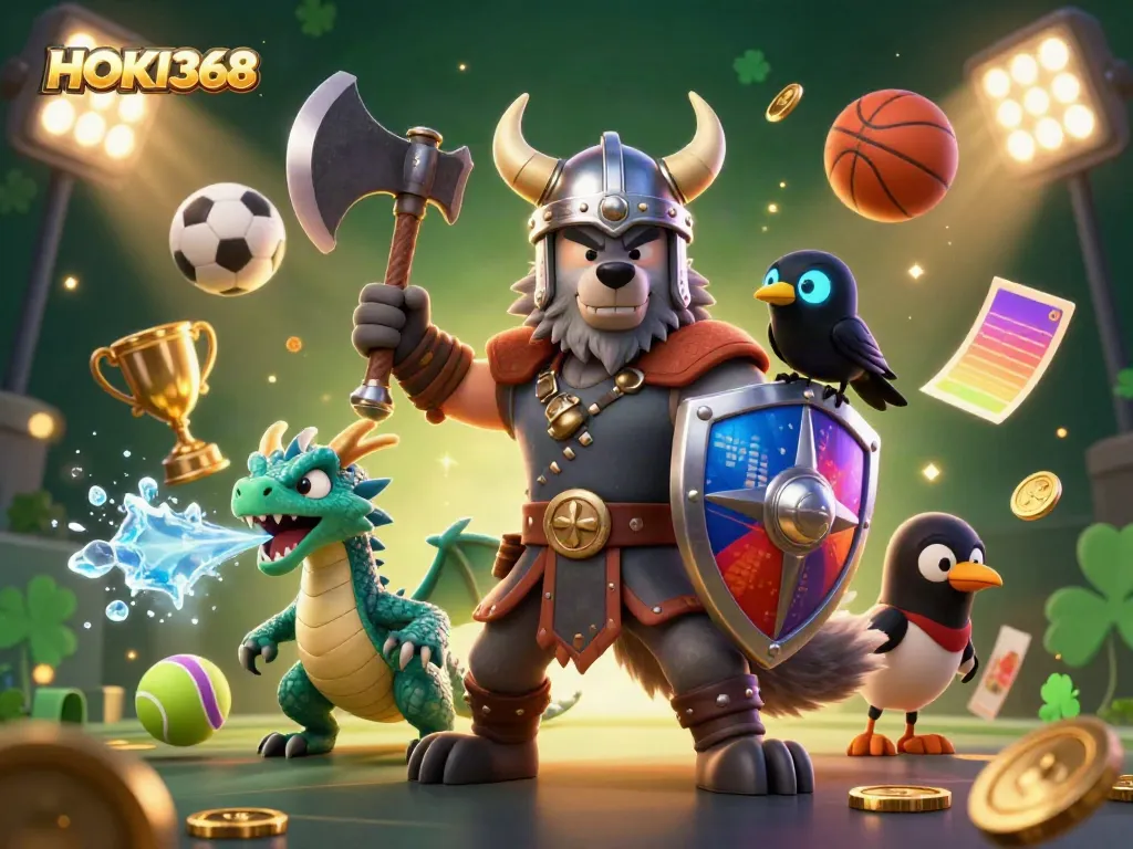 Engage with HOKI368: A dynamic scene featuring a Viking warrior, dragon, and sports balls amidst golden trophies and coins.