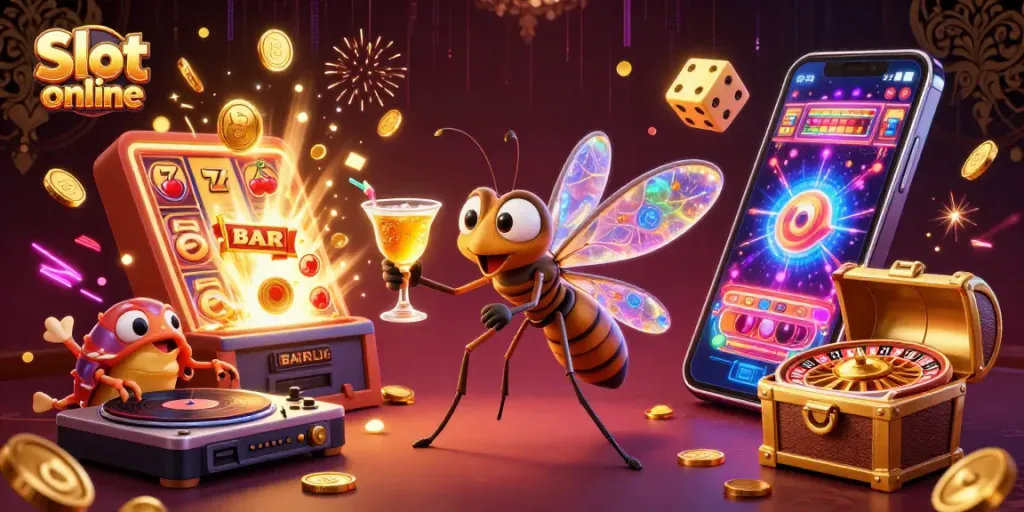 Engage in thrilling Slot online games with animated characters and casino elements bursting with excitement.
