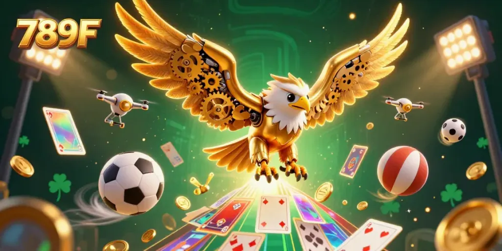 Engage in thrilling 789F casino action with a dynamic 3D illustration showcasing a cybernetic eagle and cards.