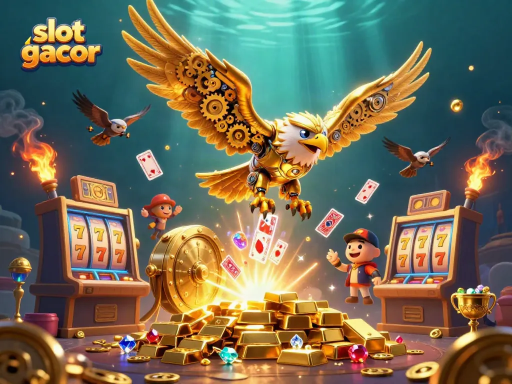 Experience thrilling action in slot gacor with a golden eagle and holographic cards.