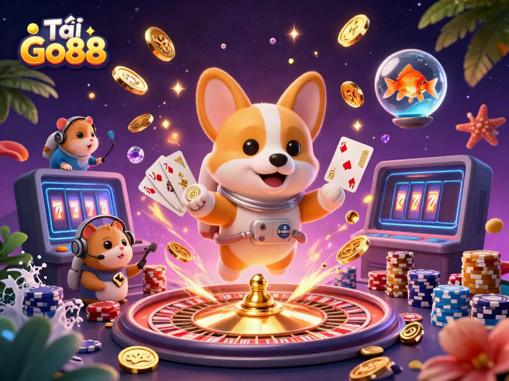 Experience thrilling gameplay with Tải Go88 as a corgi astronaut guides you through a casino adventure.