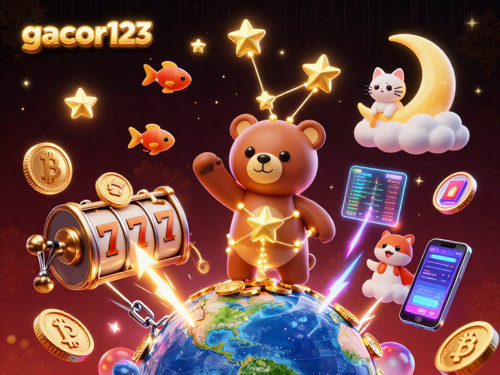 Engage with gacor123 as the constellation bear scoops coins amidst slot reels and crypto elements in a vibrant casino scene.