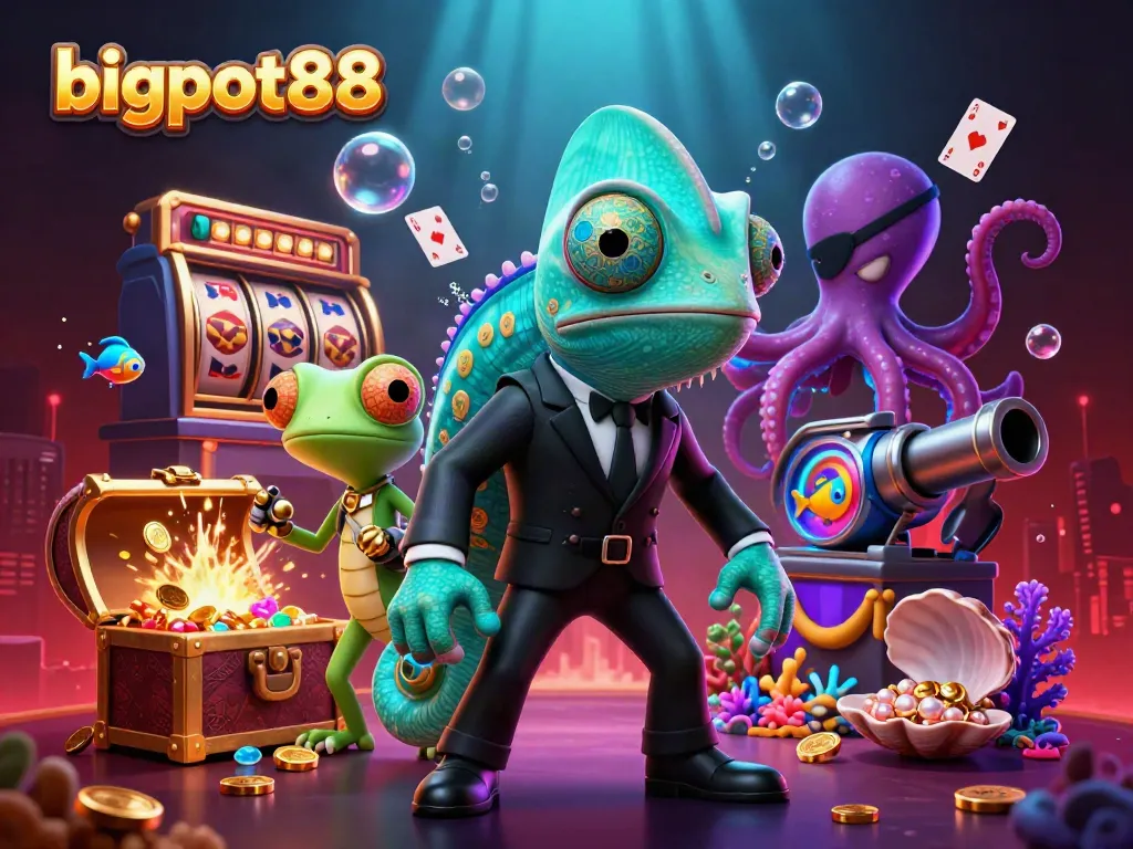 Experience thrilling gambling with bigpot88's colorful casino adventure, featuring vibrant characters amidst gold riches.