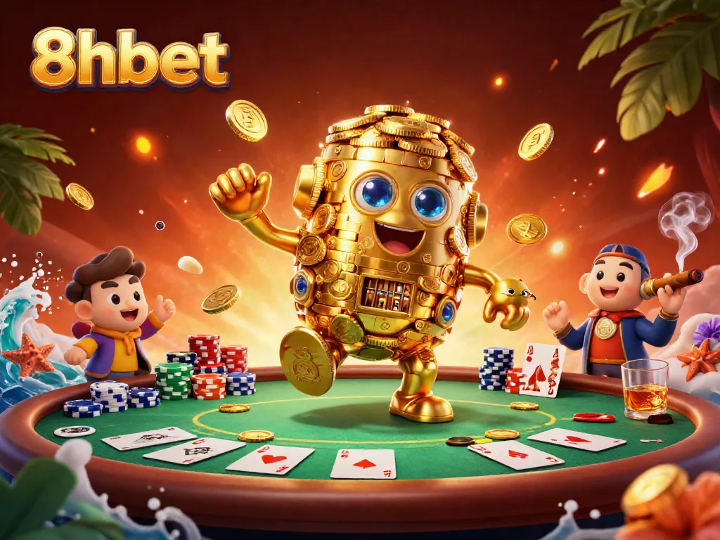 Engage with 8xbet's exciting gameplay illustrated by a golden golem amidst poker elements.
