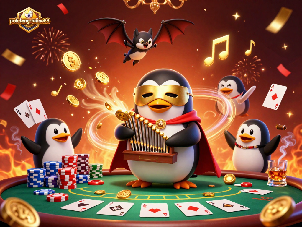 Engage with the dynamic poker experience at pokdeng-online88 featuring cartoon characters in a thrilling casino scene.