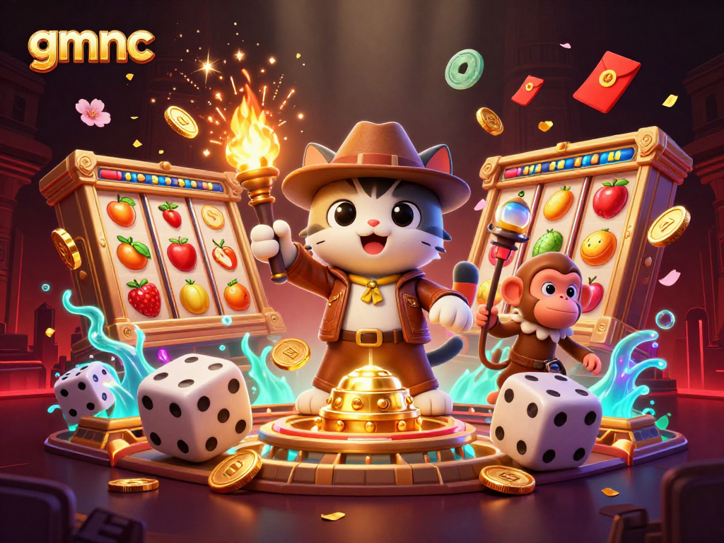 Experience the thrilling gmnc casino adventure with a cat archaeologist and a monkey, surrounded by vibrant slot elements.