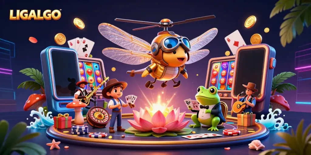 LIGALGO showcases vibrant dragonfly pilot, frog croupier, and jazz cricket in a lively casino scene.