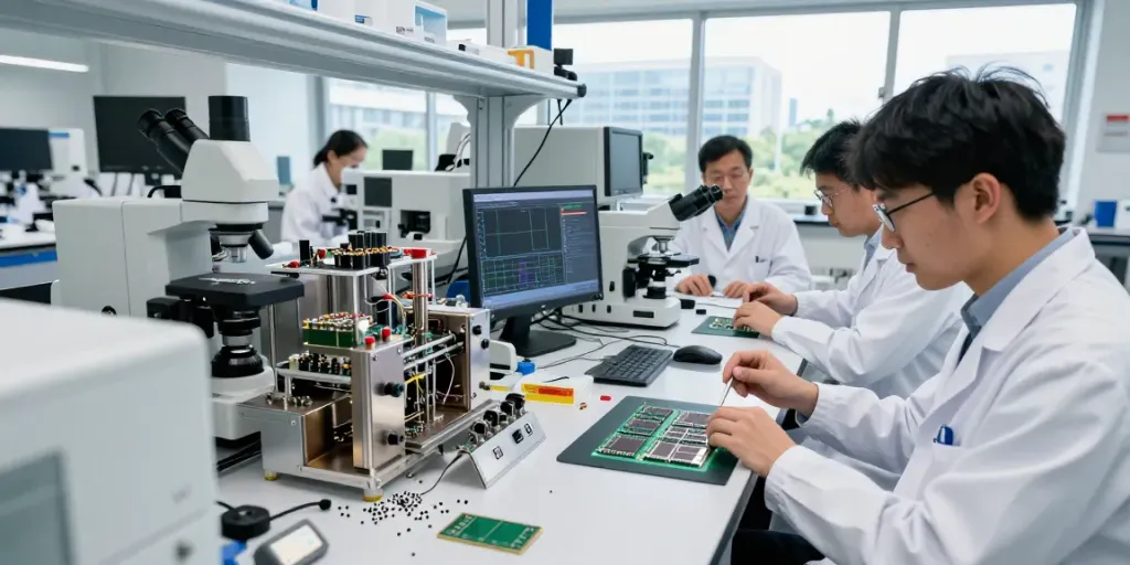 Pengujian bahan semikonduktor di laboratorium modern, https://www.oe-semiconductor.com/index2.html dengan ilmuwan di jas lab menunjukkan bahannya.