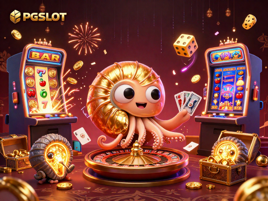 Engage with PGSLOT for thrilling gameplay featuring a dynamic 3D casino scene with vibrant symbols and exciting bonuses.