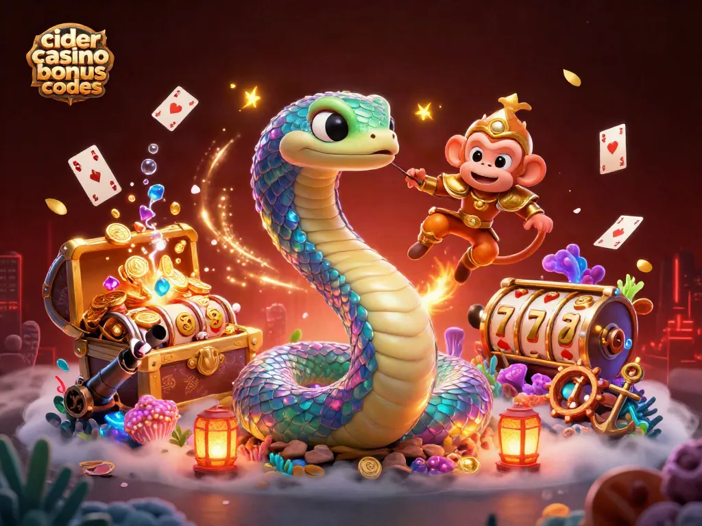 Cider casino bonus codes illustration with a vibrant rainbow serpent and monkey king amid dynamic casino elements.