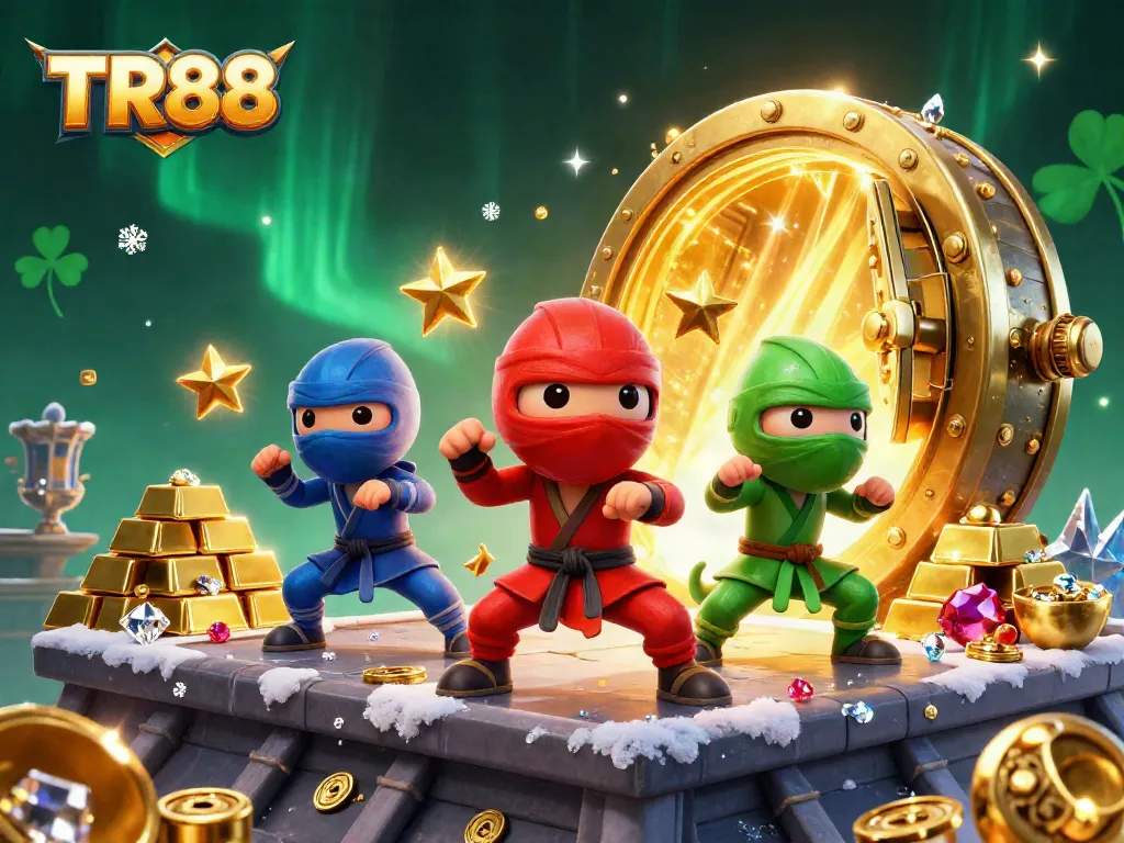 Experience winning strategies at TR88 as ninja chameleons celebrate luxury rewards amidst jewels and riches.