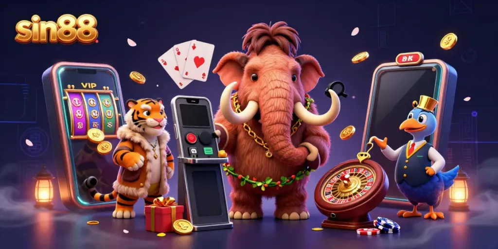 Engage in thrilling gameplay at sin88 with a cartoon mammoth bouncer, saber-tooth tiger guest, and dodo doorman in a vibrant casino