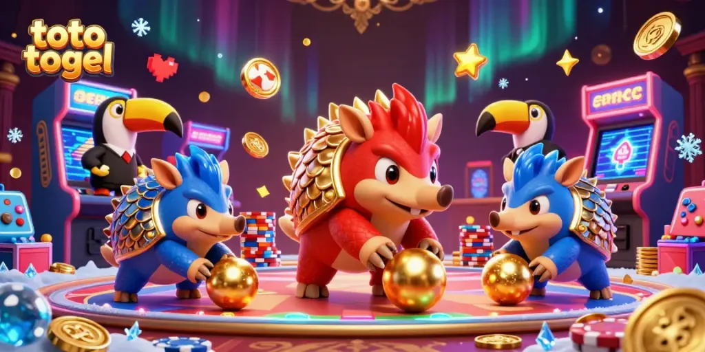Menggulung bola emas dan chip poker, pangolin rival merah dan biru bermain toto togel dalam ilustrasi 3D kartun.