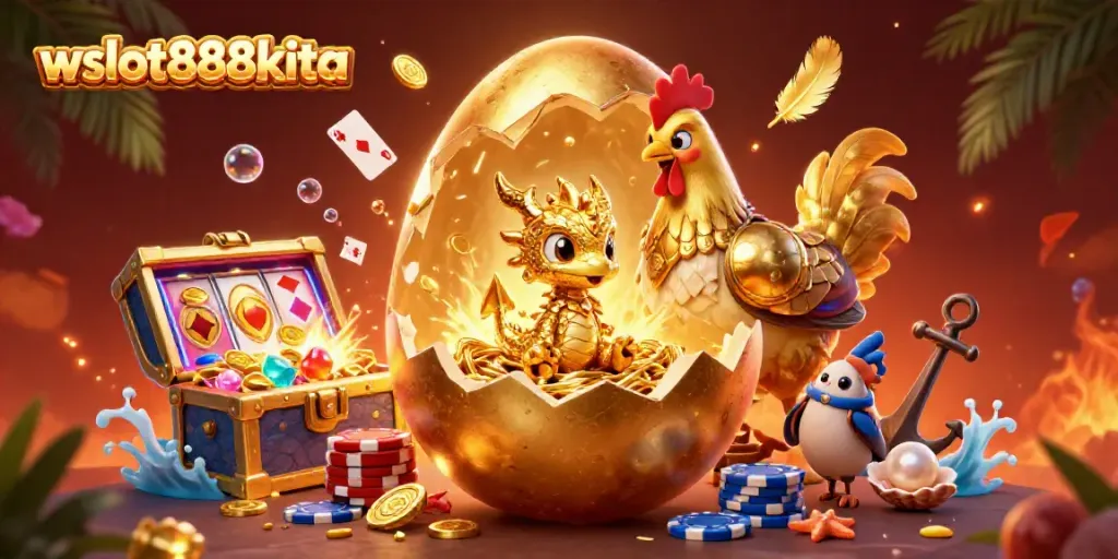 Slot gacor wslot888kita menampilkan telur emas yang retak dengan naga emas di atas tumpukan chip poker.