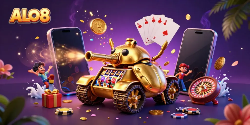 Experience ALO8's vibrant casino adventure with a golden beetle tank and dynamic gaming elements.