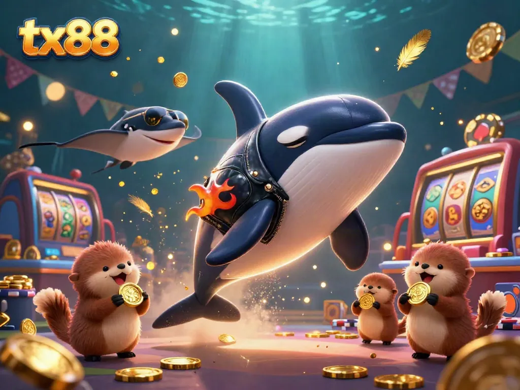 Experience excitement with tx88 as cartoon sea creatures explore a vibrant casino underwater.