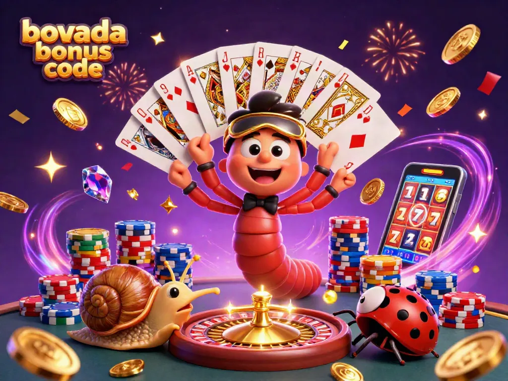 Engage with the vibrant Bovada bonus code scene featuring a millipede dealer and colorful game elements.