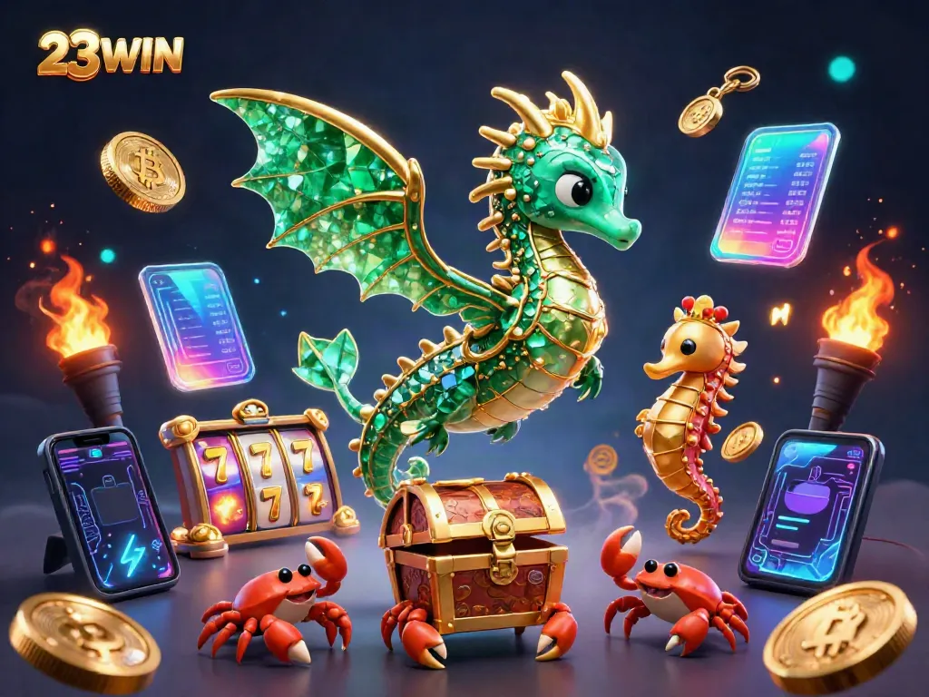Engage in high-stakes gaming with 23WIN's vibrant illustration of slots, dragons, and treasure.