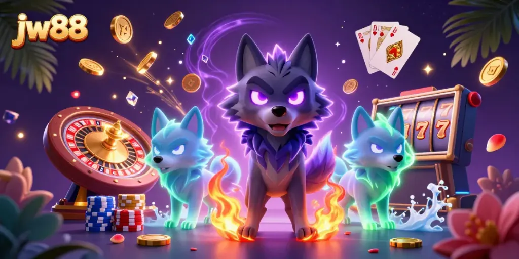 Engage with exciting jw88 casino action featuring a dynamic scene of glowing wolves, chips, and golden treasures.