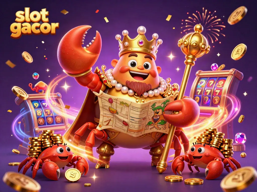 Experience the thrill of slot gacor with a vibrant scene featuring a royal crab emperor amidst treasures.