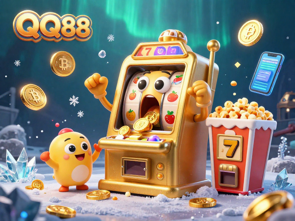 Watch QQ88's golden slot machine celebrating its jackpot with coins pouring out, showcasing a vibrant casino scene.