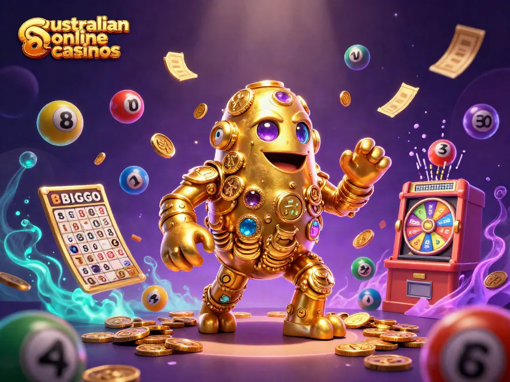 Experience australian online casinos with a golden golem surrounded by colorful lottery elements.