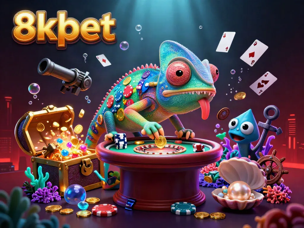 Engage with 8xbet through the vibrant underwater casino scene, showcasing a chameleon owner amidst floating cards and treasures.