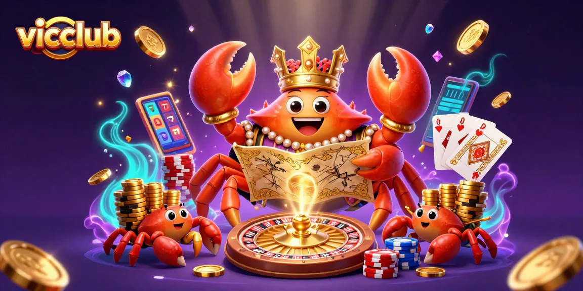 Engage with vicclub's vibrant casino scene showcasing a golden crab emperor with treasure, roulette, and poker.