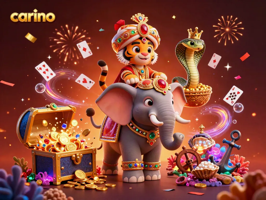 Experience carino's vibrant casino adventure with a colorful 3D scene featuring a royal tiger, elephant, and vibrant game elements.
