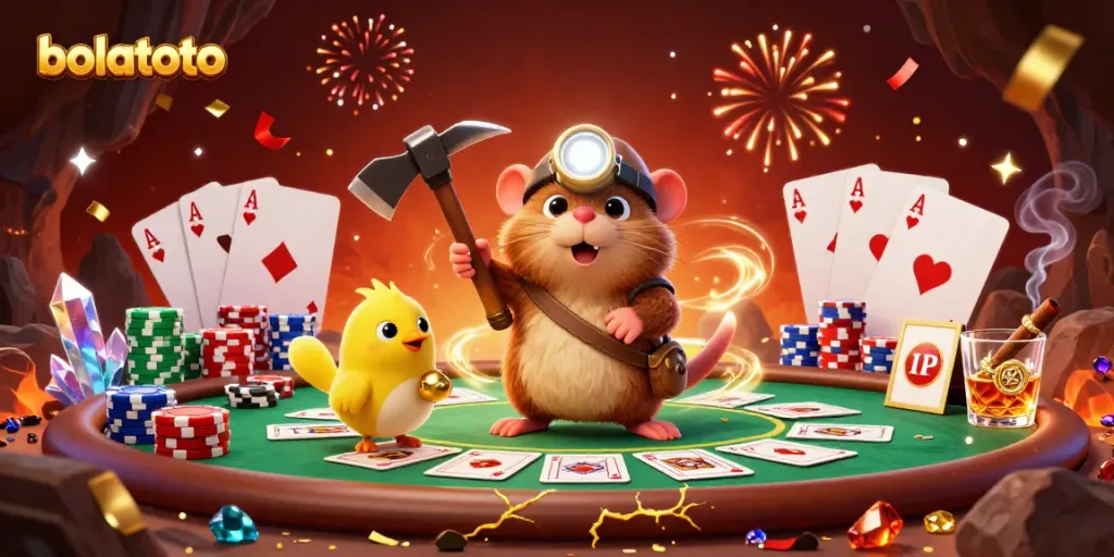 Bolatoto showcases a treasure hunter mole amidst a vibrant casino scene with poker elements.
