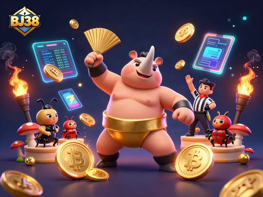 Experience the excitement of BJ38 with a sumo champion beetle amidst flying coins, showcasing crypto themes.