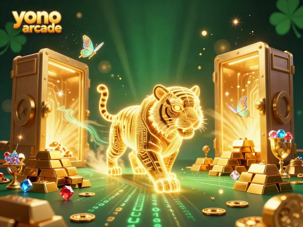 Experience the thrill of yono arcade with a neon-wireframe tiger surrounded by gems and golden treasures.