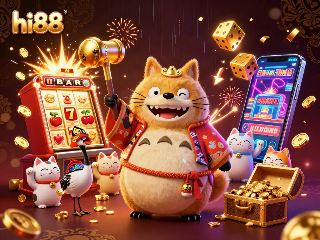 Experience thrilling gameplay with hi88's vibrant casino scene featuring a cheerful tanuki and fortune cats.