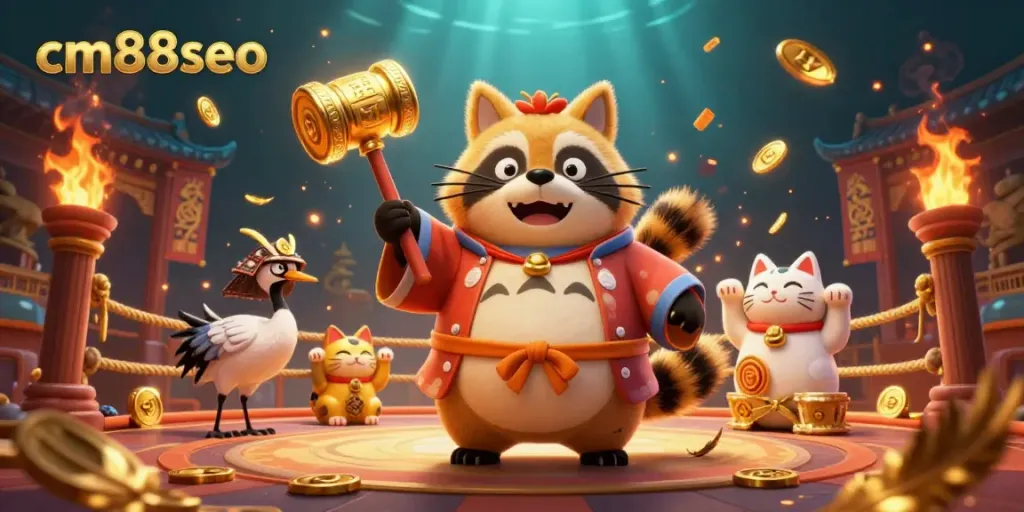 Experience the magic of cm88seo with colorful tanuki and fortune cats in a lively casino scene.