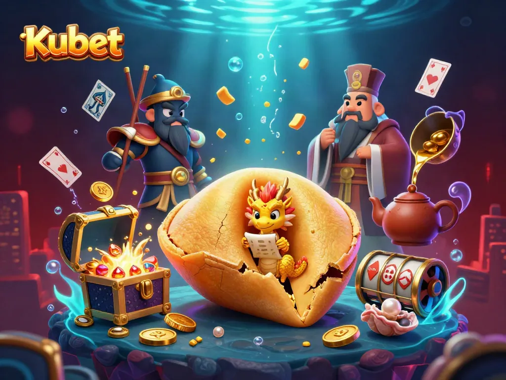 Kubet showcases an exciting casino scene with a giant golden fortune cookie and colorful gaming elements.