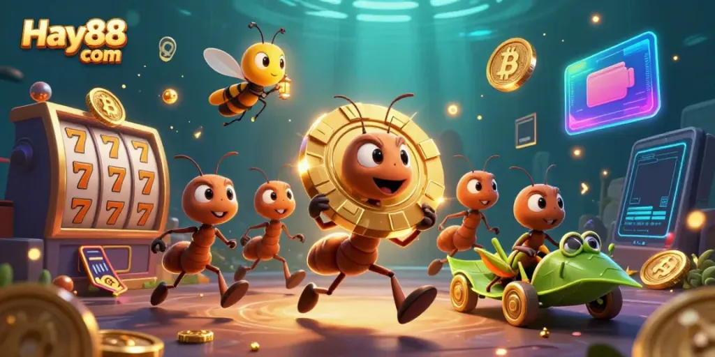 Ants carry a giant poker chip in an energetic casino heist scene for Hay88 com.