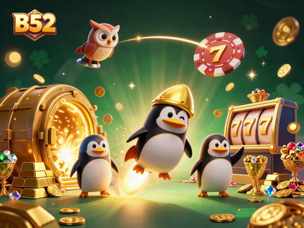 Engage with B52's exciting casino scene featuring a golden penguin soaring past vibrant slot reels and treasures.