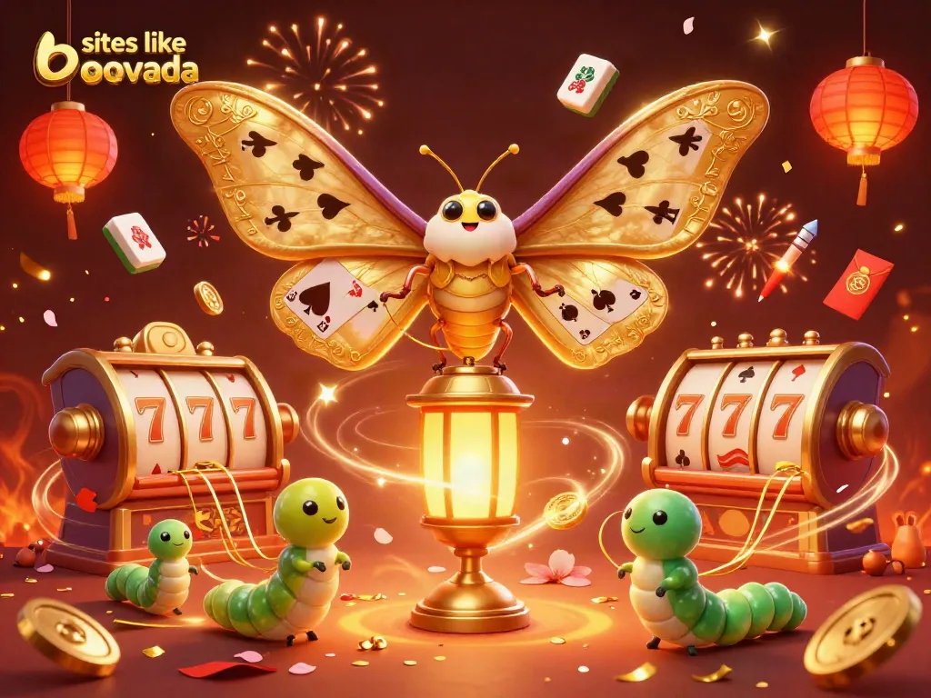 Experience the excitement of sites like bovada with a vibrant depiction of a golden moth, slot reels, and fireworks.
