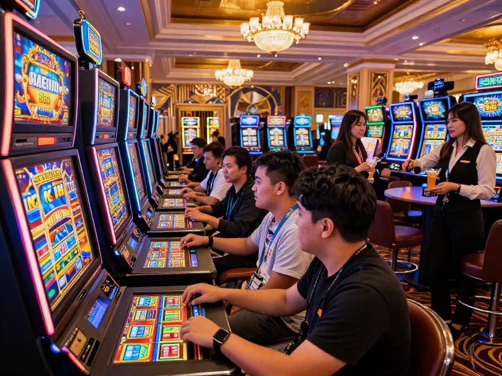 A lively casino scene with players enjoying slot depo 5k games, vibrant lights, and engaging atmosphere.