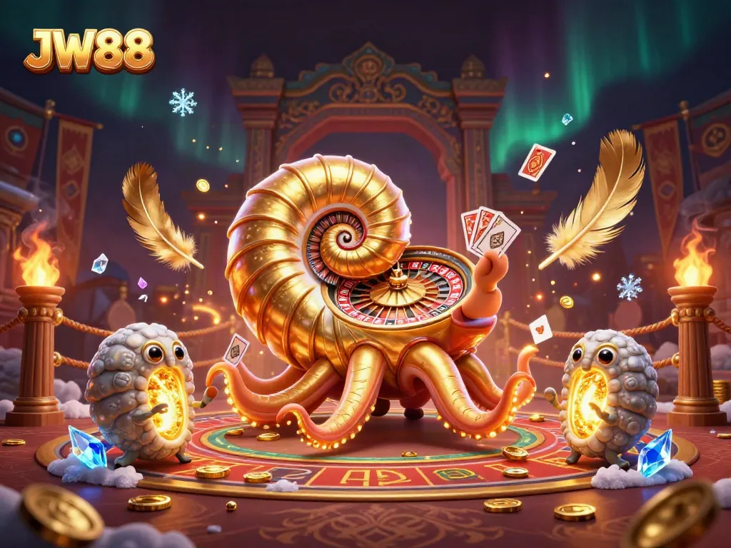 Experience the vibrant adventure of JW88 featuring a giant nautilus and golden treasures in a thrilling casino scene.