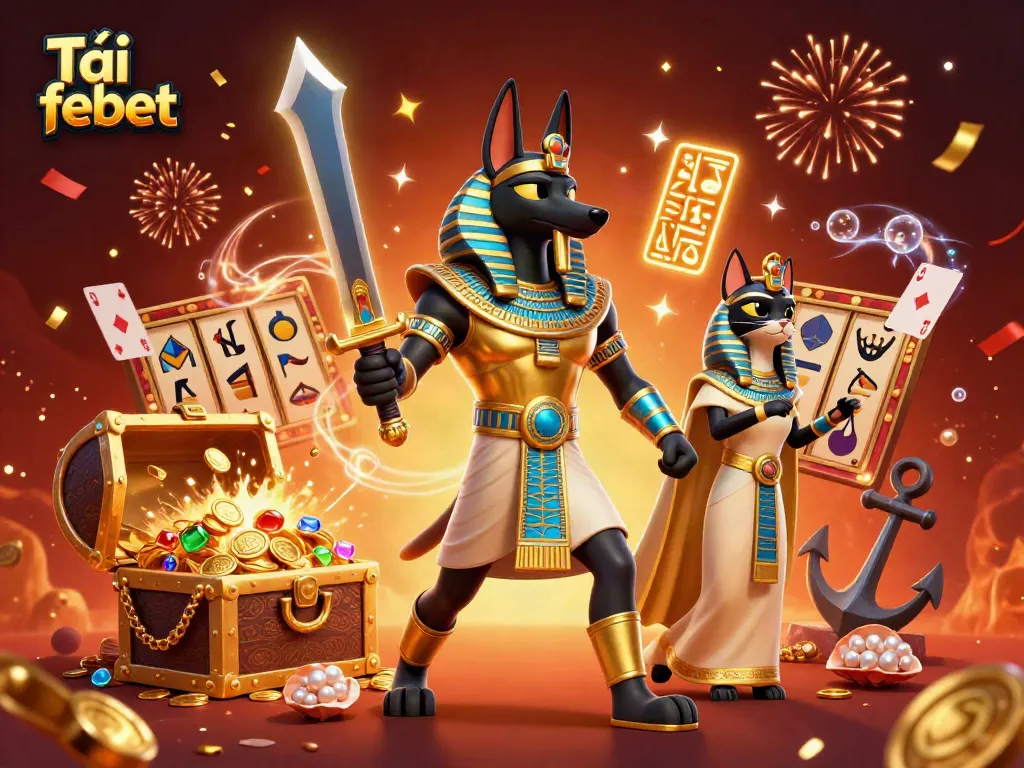 Experience excitement with Tải febet as Anubis and Bastet celebrate amid slot reels and treasures.