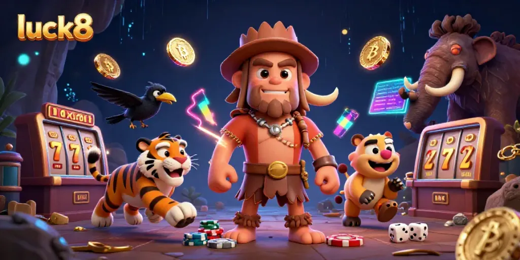 Experience top-tier gaming excitement at luck8 with a vibrant prehistoric casino scene featuring engaging characters.