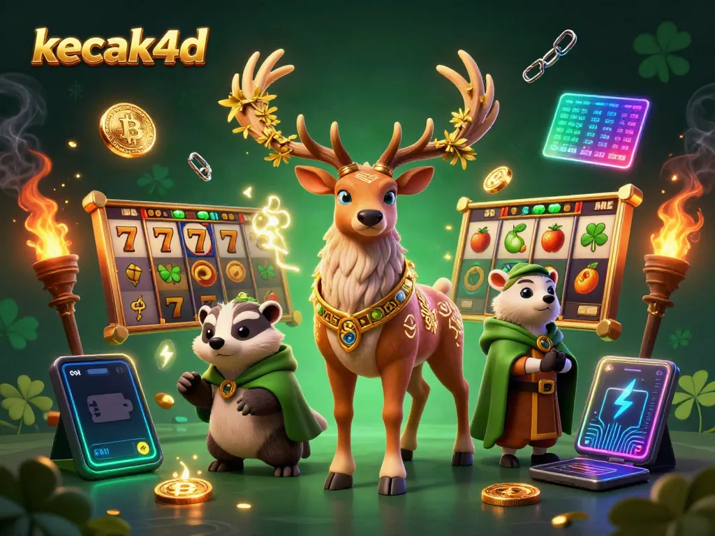 Experience the excitement of kecak4d with a vibrant 3D illustration featuring a druid stag and badger, surrounded by casino elements.